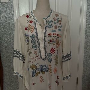 Johnny Was Embroidered White Tunic with Multicolor Patterns